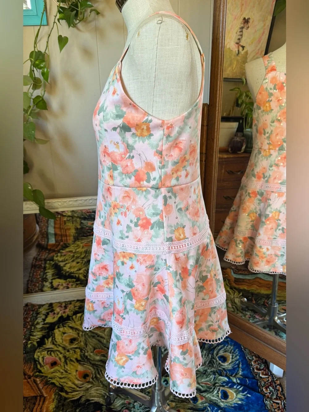 Knit Works Big Girls Dress Peach/pink/green Floral 20.5 Plus, Metallic Gold